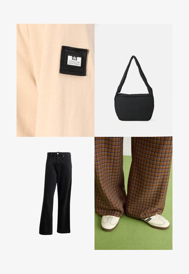 Vaaleanbeige kangas, jossa on pehmeä pinta, ja siinä on musta neliömäinen paikka, jossa on teksti "WEEKEND OFFENDER" valkoisella logolla.; Musta farkkutakki suoralla lahje muotoilulla, jossa on etutaskut, nappisuljenta ja hieno rakenne. Mukana on huomaamaton logotyyppinen yksityiskohta.; Ruskonsin ja sininen ruutukuvioinen leveälahkeinen housut yhdistettynä valkoisiin kenkiin, joissa on mustia yksityiskohtia ja tekstuuripohjat, vihreää taustaa vasten.; Musta olkalaukku, jossa on pehmustettu pinta, pyöreä muoto ja leveä hihna, sekä kohopainettu logo edessä.