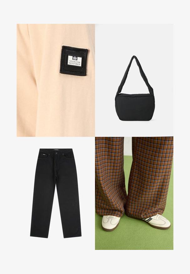 Beige stof med en blød tekstur, der har en sort firkantet lap mærket "WEEKEND OFFENDER" med et hvidt logo.; Sorte lige jeans med frontknap og lynlås, bæltestropper og fem-lomme-design, liggende fladt på en hvid baggrund.; Brune og blå ternede brede benbukser parret med hvide sko med sorte accenter og strukturerede såler, sat mod en grøn baggrund.; Sort skuldertaske med en polstret tekstur, en rund form og et bredt rem, præget med et logo på forsiden.