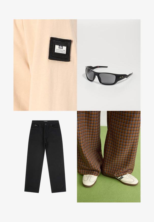 Beiger Stoff mit einer weichen Textur, versehen mit einem schwarzen quadratischen Patch, der "WEEKEND OFFENDER" mit einem weißen Logo trägt.; Schwarze gerade geschnittene Jeans mit vorderem Knopf und Reißverschluss, Gürtelschlaufen und Fünf-Taschen-Design, auf einem weißen Hintergrund flach ausgelegt.; Braun und blaue Karohosen mit weitem Bein, kombiniert mit weißen Schuhen mit schwarzen Akzenten und strukturierten Sohlen, vor einem grünen Hintergrund.; Schwarze Sonnenbrille mit rechteckiger Form, aus robustem Kunststoff gefertigt, mit grauen getönten Gläsern und einem goldenen Akzent an der Seite.
