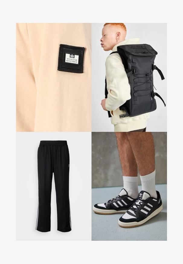 Beige stoff med en myk tekstur, med en svart firkantet lapp merket "WEEKEND OFFENDER" med en hvit logo.; Sorte treningsbukser med elastisk midjebånd, med hvite sidestiper og en liten logo. Materialet ser mykt og lett ut.; Sorte og hvite sneakers med overdel i semsket skinn og lær, med tre hvite striper, perforert tå og en såle av gummi.; Svart ryggsekk med et strømlinjeformet design, som har en teksturert overflate, justerbare stropper og elastiske frontledninger for ekstra lagring.