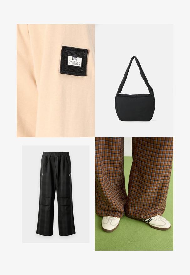 Vaaleanbeige kangas, jossa on pehmeä pinta, ja siinä on musta neliömäinen paikka, jossa on teksti "WEEKEND OFFENDER" valkoisella logolla.; Mustat ruudulliset housut, joissa on joustava vyötärö, kaksi etutaskua ja rento istuvuus suoralla lahkeella. Valmistettu kevyestä materiaalista.; Ruskonsin ja sininen ruutukuvioinen leveälahkeinen housut yhdistettynä valkoisiin kenkiin, joissa on mustia yksityiskohtia ja tekstuuripohjat, vihreää taustaa vasten.; Musta olkalaukku, jossa on pehmustettu pinta, pyöreä muoto ja leveä hihna, sekä kohopainettu logo edessä.