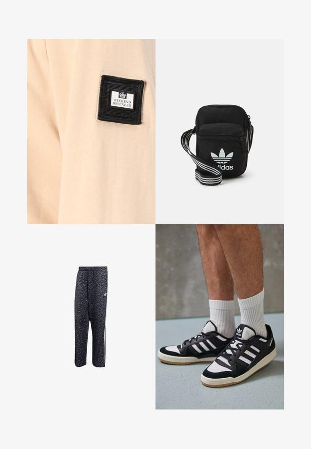 Béžová tkanina s jemnou textúrou, ktorá obsahuje čierny štvorcový nášivku s nápisom "WEEKEND OFFENDER" a bielym logom.; Čierne športové nohavice s leopardím vzorom, s bielym trojpruhovým dizajnom a logom športovej značky na boku.; Čierno-biele tenisky s vrchom z semišu a kože, s troma bielymi pruhmi, perforovanou špičkou a gumovou podrážkou.; Čierna textilná crossbody taška so zipsovým uzáverom, ktorá má biele logo Adidas a pruhovaný nastaviteľný popruh pre jednoduché nosenie.