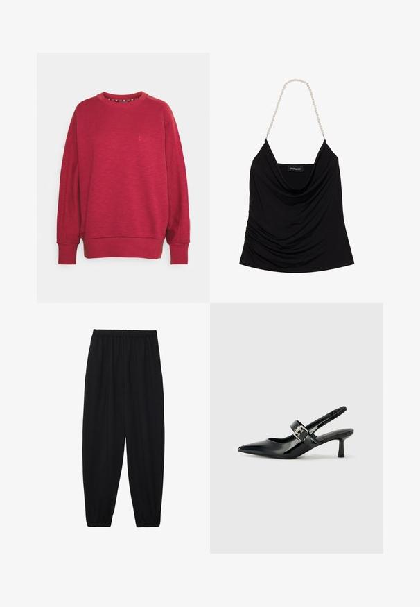 Sweaty Betty ESSENTIALS  - Camisola - falu red; Top preto drapeado sem mangas com decote drapeado e tecido texturizado. Apresenta alças em corrente de pérolas e uma etiqueta de logotipo no interior.; Calças pretas, leves, com um cinto elástico e punhos franzidos. O tecido é suave e apresenta um design relaxado e afunilado.; Saltos slingback em verniz preto com bico pontiagudo e um pequeno salto bloco, apresentando um detalhe de fivela prateada na tira.
