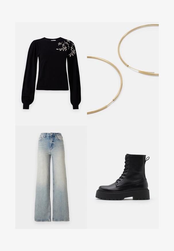 Object OBJTHESS EMBROIDERY PULLOVER - Džemper - black; Heledad sinine laia säärega teksapüksid, mis on valmistatud denimist, kõrge vöökoht, viis taskut ja nähtav õmblemine õmbluste ääres.; Mustad mustad nahast pahkluu saapad ümarate varvastega, nööridega esiosas ja paksu kummist talla ning tekstuuritud mustriga. Tagumine tõmbeaas.; Kulla värvi nõelad, õhukesed ja ümmargused, millel on sile metallist pind ja ilma kaunistuste või mustriteta.