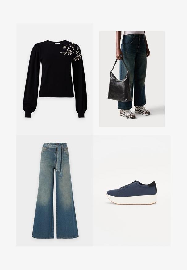 Object OBJTHESS EMBROIDERY PULLOVER - Pulóver - black; Bőszárú farmernadrág, világos és sötétkék árnyalatokkal, magas derekú, övgyűrűkkel és a nadrággal megegyező anyagú övvel. Textúrált farmer kivitel.; Sötétkék sportcipő, texturált szövet felsőrész, fehér platform talp, lekerekített orr és fekete sarok akcentussal. Hat fűzőlyuk található rajta.; Fekete bőr válltáska sima textúrával és állítható pánttal, melyet elnyűtt, bő szárú farmernadrággal és sportcipőkkel párosítottak.