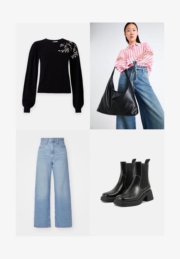 Object OBJTHESS EMBROIDERY PULLOVER - Pullover - black; Jean large taille haute bleu clair avec bouton et fermeture éclair à l'avant, poches avant et arrière, sur fond blanc.; Bottes Chelsea en cuir noir avec un talon épais, des panneaux latéraux élastiques et des coutures blanches contrastantes. Fini texturé.; Sac à épaule en cuir noir avec une forme décontractée et des détails de couture. Le modèle porte une chemise rayée rose et blanche avec un jean bleu à jambes larges.