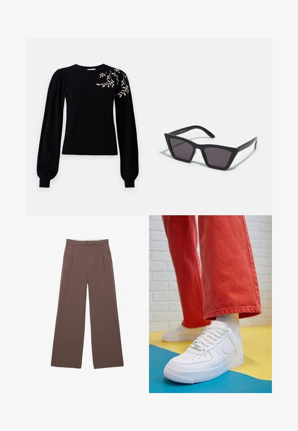 Object OBJTHESS EMBROIDERY PULLOVER - Strickpullover - black; Weite Hosen aus einfarbigem braunem Stoff, mit einer glatten Textur, vorderen Falten und einem maßgeschneiderten Bund. Keine sichtbaren Logos oder Muster.; Weiße Leder-Sneaker mit perforiertem Zehenbereich, strukturiertem Sohlen und weißen Schnürsenkeln, kombiniert mit weiten roten Hosen und einem blauen und gelben Hintergrund.; Schwarze, eckige Sonnenbrille mit grauen Gläsern; aus Kunststoff gefertigt, mit dicken Bügeln, die eine glatte Oberfläche und keine sichtbaren Beschläge haben.