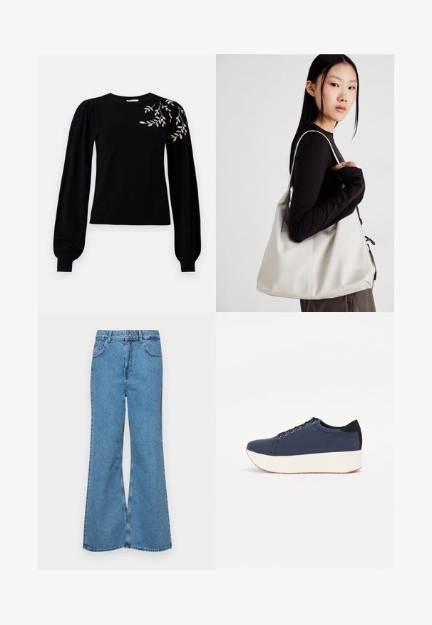 Object OBJTHESS EMBROIDERY PULLOVER - Pullover - black; Jean flare bleu clair en denim, avec une taille haute, cinq poches et une fermeture à un bouton. Texture douce avec une finition décolorée.; Baskets bleu marine avec un upper en tissu texturé, semelle plateforme blanche, bout arrondi et accent noir au talon. Dispose de six œillets pour les lacets.; Sac à main beige en matériau souple, avec un design décontracté, des détails cousus et deux poignées. Idéal pour un usage quotidien.