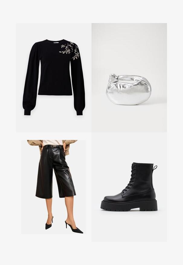 Object OBJTHESS EMBROIDERY PULLOVER - Maglione - black; Culotte in faux pelle nera con un taglio ampio, caratterizzate da pieghe frontali e una vita alta con cintura. Texture liscia con una finitura lucida.; Stivaletti in pelle nera alla caviglia con punta rotonda, lace-up frontale e suola in gomma spessa con battistrada textured. Tassello sul retro.; Borsa a pochette metallica argentea con una forma morbida e arrotondata e chiusura superiore annodata. Realizzata in materiale sintetico morbido.; Orecchini a cerchio in argento con un design minimalista. Forma circolare, superficie liscia e profilo sottile. Leggeri con una finitura lucida.