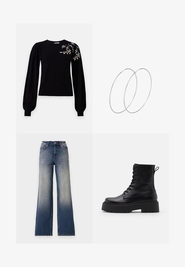 Object OBJTHESS EMBROIDERY  - Trui - black; Hoge taille wijde jeans in licht tot donkerm blauw denim met vervaging, met een knoopsluiting en riemlussen. Schoon gefinishte zoom en geen zichtbare versieringen.; Zwarte leren enkelboots met een ronde neus, vetersluiting aan de voorkant en een dikke rubberen zool met een gestructureerd profiel. Trekbandje aan de achterkant.; Zilveren hoepel oorbellen met een minimalistisch ontwerp. Cirkelvormig, gladde textuur en dun profiel. Lichtgewicht met een gepolijste afwerking.