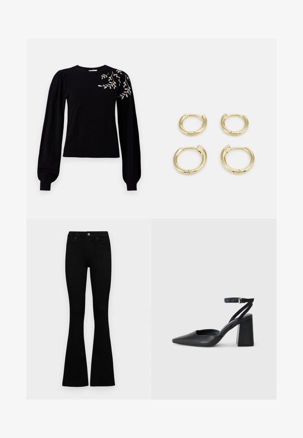 Object OBJTHESS EMBROIDERY PULLOVER - Džemper - black; Mustad kõrge vöökohtadega teksad, millel on nööp ja lukuga sulgemine, esikäe taskud ja laienevad sääred, asetatud tasasele valgele taustale.; Mustmustest must-käigukingad, millel on konksuga nöör ja paks konts. Ühtlane tekstuur, stiilne disain ja minimalistlik esteetika.; Kulla kõrguse ehted, neli tükki, sile viimistlus, ümar disain, erinevad suurused, millel on hingedega klamber mugavaks kandmiseks.