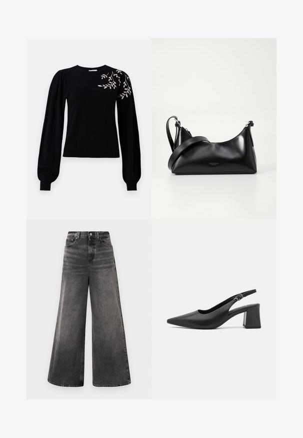 Object OBJTHESS EMBROIDERY - Pullover - black; Jean en denim noir à jambes larges avec un effet dégradé, design à cinq poches et fermeture à bouton à la taille, avec des accents cousus.; Chaussure à talon en cuir noir, à dos nu, avec un bout pointu et un large talon bloc. Elle dispose d'une sangle réglable avec une boucle en métal.; Sac à main en cuir noir avec une texture lisse. Dispose d'une bandoulière adjustable et d'un design élégant et minimaliste avec une fermeture éclair.