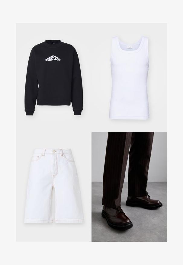 Čierna mikina s okrúhlym výstrihom, dlhými rukávmi a rebrovanými manžetami. Obsahuje biely potlačený textový grafický prvok na prednej strane a voľný strih.; Biela bavlnená tielko bez rukávov s okrúhlym výstrihom, s hladkou textúrou a priliehavým strihom, navrhnuté pre neformálne nosenie.; Biele denimové šortky so strihaním v rovnom strihu, piatimi vreckami a kontrastným tanou šitím. Zahrňuje predné zapínanie na gombík a zips.; Hnedé kožené šnurovacie topánky s lesklým povrchom, čierna gumová podrážka a jemné švy. Nosené s hnedými prúžkovanými nohavicami.