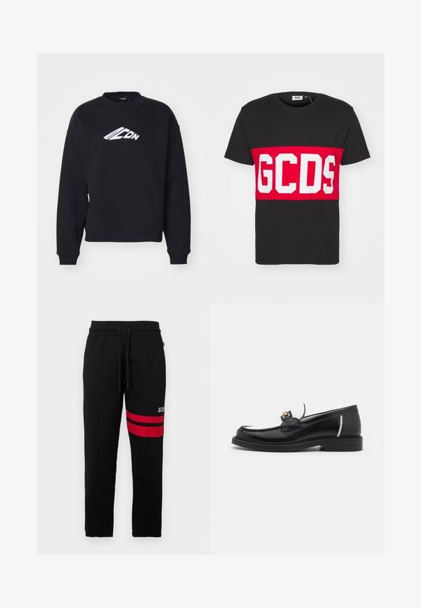 Black sweatshirt with round neckline, long sleeves, and ribbed cuffs. Features a white printed text graphic on the front and a relaxed fit design.; GCDS BAND LOGO REGULAR - Print T-shirt - black; Black sweatpants with contrast red stripes and logo on the side. Features an elastic waistband with drawstring and tapered ankle cuffs.; Black leather loafer with a rounded toe, white accents, and gold hardware on the vamp. Features a textured patch and stacked heel.