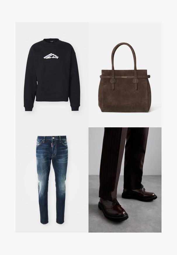 Schwarzer Sweatshirt mit rundem Halsausschnitt, langen Ärmeln und gerippten Bündchen. Verfügt über ein weißes Druckgrafik auf der Vorderseite und ein lockeres Design.; Dunkelblaue Jeans im Slim-Fit-Schnitt, mit verwaschenen Stellen an den Oberschenkeln und Knien, fünf Taschen und einem Metallknopfverschluss.; Braune Leder Schnürschuhe mit glänzender Oberfläche, schwarzer Gummisohle und dezenten Nähten. Getragen mit braunen Angabenhosen mit Nadelstreifen.; Dunkelbraune Wildledertasche mit doppelten Griffen und einem horizontalen Riemen, der mit einem kleinen goldenen DSQUARED2-Logo-Plakette versehen ist.