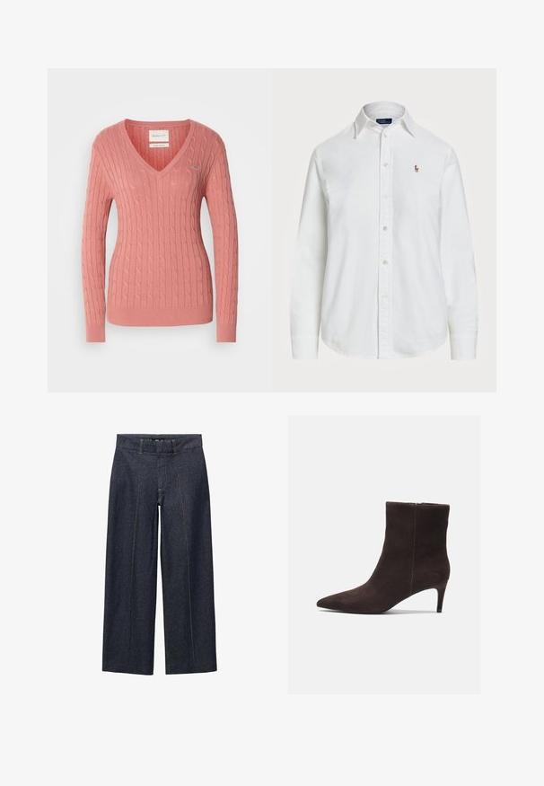 Roza pulover s V-izrezom, izdelan iz teksturirane pletenine, ki odlikuje kabelski vzorec ter rebrasti manšeti in rob. Majhna logotipna podrobnost na prsih.; Bela srajca s kratkimi in dolgimi rokavi iz bombaža z klasičnim ovratnikom ter majhnim vezenim logotipom na prsih. Teksturirana tkanina.; Temno modri široki hlače iz denima s sprednjimi šivi in standardnim pasom. Ponuja oranžne šive in skrajšano dolžino.; Rjavi semiš gležnjarji s koničastim nosom in 7,5 cm visokim peto, z gladko teksturo in minimalističnim dizajnom. Zadrga na zadnji strani.