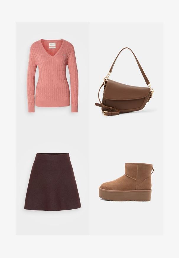 Růžový svetr s výstřihem do V vyrobený z texturované pleteniny, s kabelovým vzorem a žebrovanými manžetami a lemem. Malý logový detail na prsou.; Burgundská pletená sukně s rozšířeným designem, širokým pasem a hladkou texturou, jednobarevná bez vzorů či akcentů.; Hnědé semišové kotníkové boty s platformou, zaoblenou špičkou a prošíváním; mají poutko vzadu pro snadné obouvání.; Hnědá kožená taška přes rameno s texturovaným povrchem, zakřiveným tvarem, zlatými kovovými prvky, nastavitelným popruhem a klopovým zapínáním.