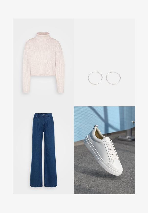 Jasnoróżowy, prążkowany sweter z golfem, w fasonie skróconym, z długimi rękawami i miękką teksturą. Minimalistyczny design bez widocznych elementów metalowych.; Niebieskie dżinsy o szerokich nogawkach z wysokim stanem, z przodu na guzik i zamek błyskawiczny, oraz kieszeniami z przodu i z tyłu na jednolitym tle.; Białe skórzane trampki z płaskimi sznurówkami, okrągłym noskiem, gumową podeszwą i małą pętlą na pięcie. Gładka faktura z minimalnymi detalami wzorniczymi.; Srebrne kolczyki w kształcie obręczy o gładkim, okrągłym designie, charakteryzujące się gładką powierzchnią i brakiem widocznych ozdób. Średnica nieokreślona.