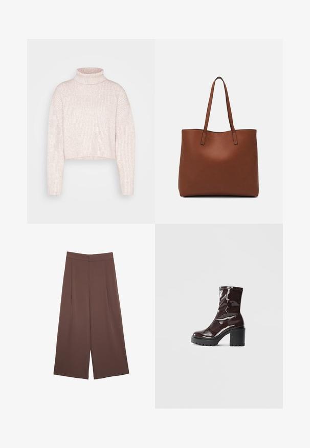 Svijetloružičasti rebrasti pulover s visokim ovratnikom, skraćene dužine, dugih rukava i meke teksture. Minimalistički dizajn bez vidljivih kopči.; Smeđe hlače širokog kroja s glatkom teksturom, koje imaju visok struk i nabore sprijeda. Tkanina je lagana i slobodno se kreće.; Sjajna burgundska čizma do gležnja s debelim crnim potplatom, koja se odlikuje glatkom teksturom i jednostavnim dizajnom. Nema vidljivih kopčanja ili uzoraka.; Smeđa kožna torba preko ramena s glatkom teksturom, otvorenim vrhom i dvjema naramenicama. Ima minimalne šavove i nema vidljivog hardvera.