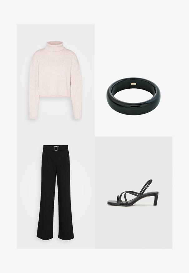 Light pink ribbed turtleneck sweater, cropped length, with long sleeves and a soft texture. Minimalist design without any visible hardware.; Black wide-leg trousers made of lightweight fabric, featuring a smooth texture, front pleats, and a belt with a square metal buckle.; Black strappy sandal with a square toe and a low block heel. Features multiple thin straps and an adjustable ankle strap. Made of smooth leather.; Black resin bangle bracelet with a smooth, shiny surface and rounded edges. Features a small gold "Pilgrim" logo on the interior.