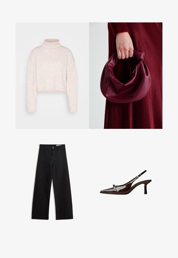 Pulover cu guler înalt, ribbed, de culoare roz deschis, de lungime scurtă, cu mâneci lungi și o textură moale. Design minimalist fără hardware vizibil.; Pantaloni din denim negri cu picioare largi, cu talie înaltă, având buzunare frontale și posterioare, cusături dublate și închidere cu nasture. Textură netedă.; Pantofii slingback din piele lăcuită maro, cu vârf ascuțit, toc mic și un accent decorativ sub formă de fundă în față. Textură netedă și strălucitoare.; Geantă de mână din piele burgundă, cu un design moale și pliat și o formă rotundă. Mânerele sunt securizate, evidențiind o textură netedă.