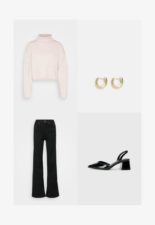Light pink ribbed turtleneck sweater, cropped length, with long sleeves and a soft texture. Minimalist design without any visible hardware.; Black flared jeans made from denim, featuring a high waist, five pockets, and metal button closure. Smooth texture with minimal detailing.; Black patent leather slingback heels with a pointed toe and a geometric block heel. Features a sleek, minimal design and smooth texture.; Gold-tone hoop earrings with a smooth, polished finish. Features a half-circle shape and a secure post closure.