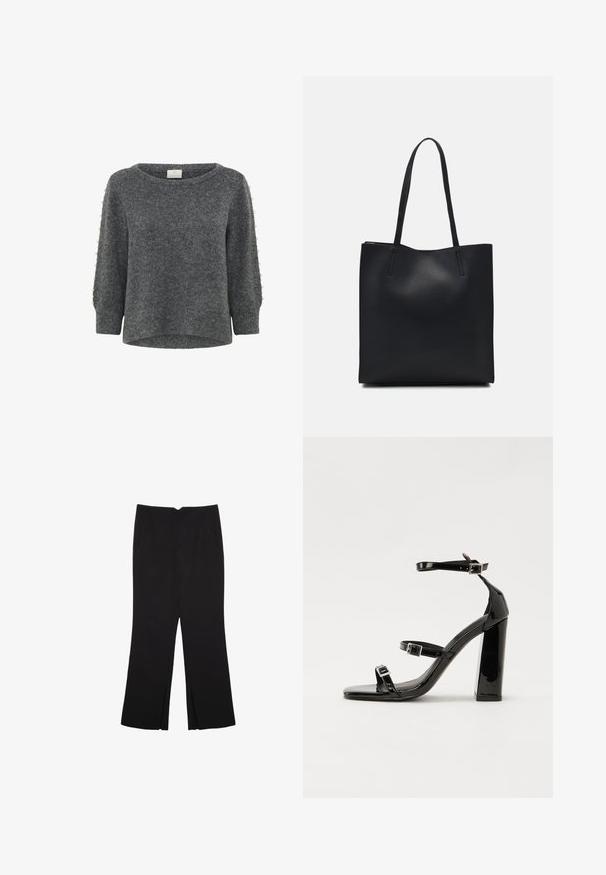 Kaffe BETTY - Pulover - grey melange; Črne hlače ravnega kroja z naglavnimi žepi in stranskimi razporki na robu. Narejene iz mehke, gladke tkanine. Primerne za različne priložnosti.; Črne lakirane sandale s peto, kvadratnim prstom, trakovi okrog gležnja in srebrnimi zaponkami. Opremljene so s stabilno Debelo peto.; Črna usnjena torba s svilnato teksturo, pravokotne oblike in dvema dolgima ročajema. Brez vidnih metalnih delov ali okrasnih elementov.