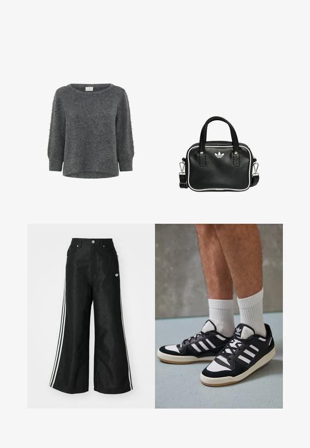 Kaffe BETTY - Strickpullover - grey melange; Schwarze, weit geschnittene Jeans mit drei weißen Streifen an jeder Seite und einem kleinen weißen Logo. Mit vorderen Taschen und einem Knopfverschluss.; Schwarz-weiße Sneaker mit einem Obermaterial aus Wildleder und Leder, ausgestattet mit drei weißen Streifen, einer perforierten Zehenpartie und einer Sohle aus Gummi.; Schwarze Lederhandtasche mit zwei kurzen Griffen, silbernem Zubehör, weißen Akzenten und einem weißen Logo. Verfügt über eine strukturierte Oberfläche und ein kompaktes Design.