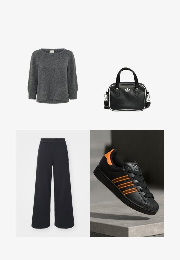 Kaffe BETTY - Svetr - grey melange; Černé široké tepláky vyrobené z měkké tkaniny, s elastickým pasem a malým logem na levé straně.; Černé tenisky s oranžovými akcenty, třemi horizontálními pruhy, texturovaným koženým svrškem, gumovou špicí a černými tkaničkami.; Černá kožená kabelka se dvěma krátkými uchy, stříbrným kováním, bílými detaily a bílým logem. Má texturovaný povrch a kompaktní design.
