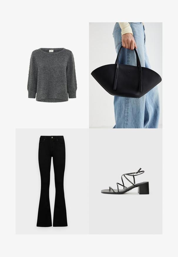 Kaffe BETTY - Pulóver - grey melange; Fekete, magas derekú farmernadrág gomb- és cipzárzárral, elülső zsebekkel és harangszárral, laposan egy fehér háttérre terítve.; Fekete pántos szandál négyzetes orral és vastag sarokkal, sima anyagból készült. Állítható bokapántokkal és minimális fém részletekkel rendelkezik.; Fekete bőr kézitáska egyedi legyezőformával, lapos füllel. A felülete kőriszerű textúrájú és minimalista dizájnnal rendelkezik.