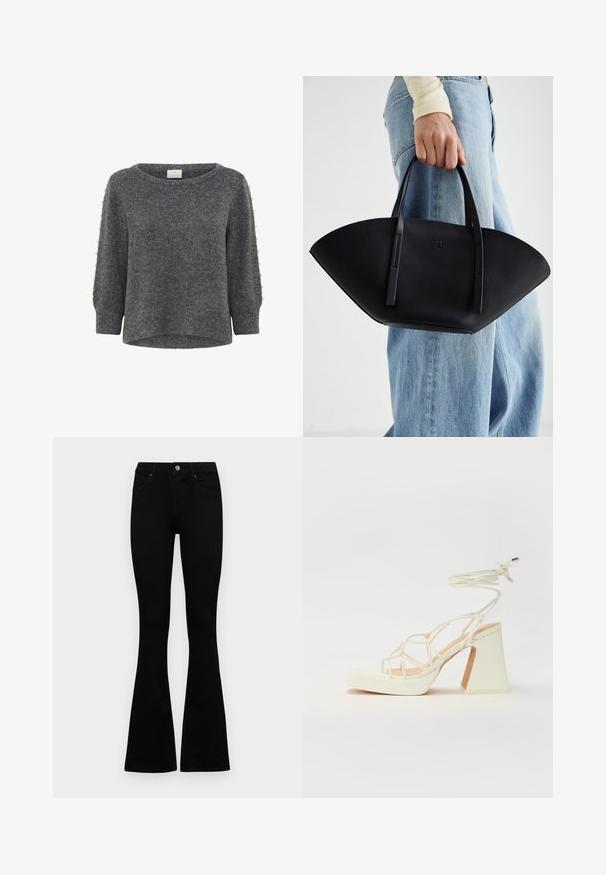 Kaffe BETTY - Pulóver - grey melange; Fekete, magas derekú farmernadrág gomb- és cipzárzárral, elülső zsebekkel és harangszárral, laposan egy fehér háttérre terítve.; Fehér, magassarkú szandál vastag sarokkal, pántos dizájnnal és bokapánttal. Sima textúra, elülső platformmal a megnövelt magasság érdekében.; Fekete bőr kézitáska egyedi legyezőformával, lapos füllel. A felülete kőriszerű textúrájú és minimalista dizájnnal rendelkezik.