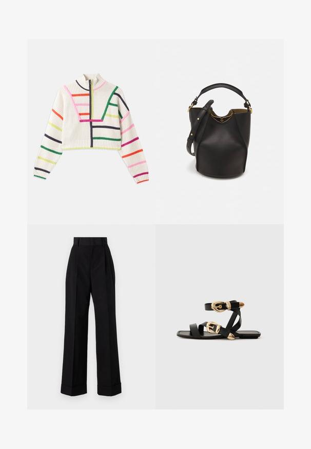 Maglione corto a maglia in crema con strisce multicolore. Collo alto con una mezza zip, polsini a coste e tessuto testurizzato.; Pantaloni neri a vita alta realizzati in cotone. Presentano un design a gamba larga, pieghe e orli arrotolati. Texture liscia, senza pattern visibili o hardware.; Sandali neri in pelle con dettagli in oro, caratterizzati da più cinghie e una suola piatta per un design open-toe.; Borsa a secchiello in pelle nera con finitura testurizzata, dettagli in metallo dorato e apertura superiore. Presenta una maniglia corta e una tracolla regolabile.