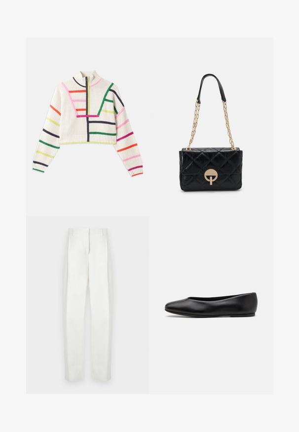 Gestrickter, kurzer Pullover in Creme mit mehrfarbigen Streifen. Hoher Kragen mit einem Halbreißverschluss, gerippte Bündchen und texturiertes Gewebe.; Paul Smith Stoffhose - white; Paul Smith TOPANGA - Klassischer Ballerina - black; Schwarze gesteppte Lederhandtasche mit einem goldenen Kettenriemen, die über ein rundes Verschlussdetail verfügt. Kompakte rechteckige Form mit einer glatten Textur.