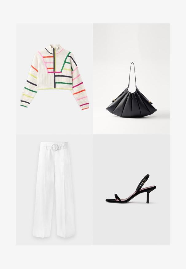Pletený skrátený sveter v krémovej farbe s viacfarebnými pruhmi. Vysoký golier s polozipom, rebrované manžety a štruktúrovaná tkanina.; Široké biele ľanové nohavice s opaskom s obručou. Hladká štruktúra s voľným strihom, bez viditeľných vzorov.; Čierne semišové dámske sandále na vysokom opätku s tenkými popruhmi a zlatou prackou na bielom pozadí, bočný pohľad.; Čierna skladaná kabelka vyrobená z hladkej kože, s jedným uchom, zlatými akcentmi a geometricky tvarovanou štruktúrou.