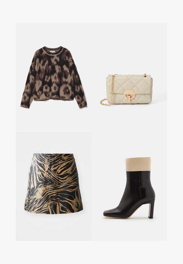 MUNTHE TOLLA - Striktrøje - brown; Sort og guld nederdel med zebra-stribe mønster, lavet af glat materiale med en tætsiddende pasform og høj talje design.; Sorte læderankelstøvler med en cremefarvet accent øverst, spids tå og en høj hæl med sølvaccent. Glat tekstur uden synlige mønstre.; Quiltet beige læderhandtaske med en guld kædetræksnor og rund lås, med et diskret logo og struktureret rektangulær form.
