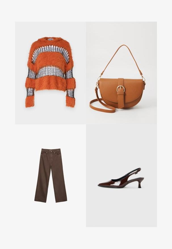 The Ragged Priest CORRUPTION HOODIE EYELASH - Svetrík - orange/black; Džínsy s širokými nohavicami v hnedej farbe, vyrobené z denimu, so zvýšeným pásom, prednými vreckami a klasickým zapínaním na gombík. Hladká textúra s jemným prešívaním.; Hnedá lakovaná slingback obuv s špicatou špičkou a mierne vysokým opätkom. Obsahuje pracku pre bezpečné upevnenie. Hladká textúra.; Hnedá kožená kabelka cez telo s zakriveným tvarom, zlatými kovovými doplnkami a akcentom s prackou. Obsahuje odnímateľný ramenný popruh.