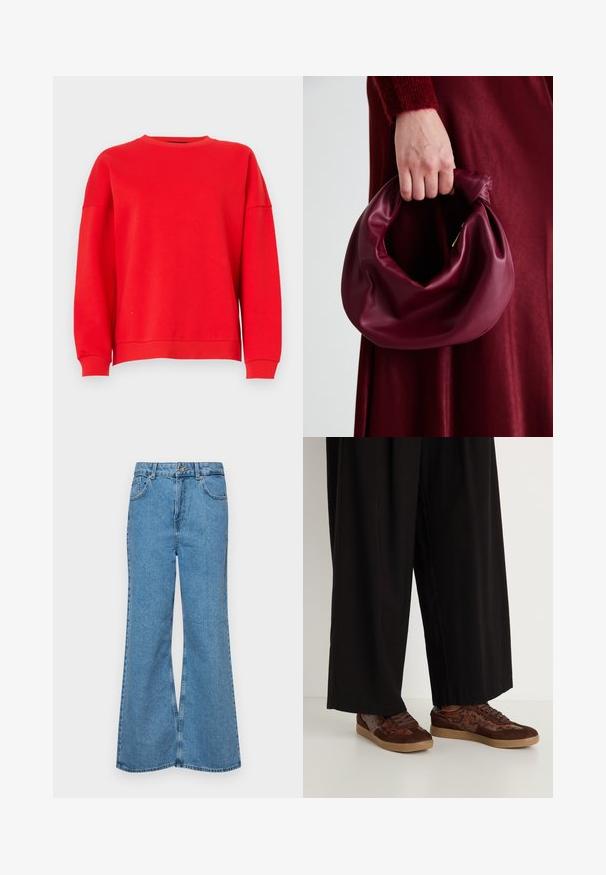 Punane pluus pehmest kangast, ümmarguse kaelusega, langevate õlgadega ja soonikääridega. Üksikdisain, ilma mustrite või graafikateta.; Heledad sinine flared teksade rõivad, millel on kõrge talje, viis taskut ja üks nupulukk. Pehme tekstuur ja pleekinud viimistlus.; Pruunid tossud, millel on segamaterjalist disain, sealhulgas samet ja madusid jäljendavad aktsendid, ümar varvas, nööbilukuga kinnitamine ja tekstureeritud kummist tallad.; Burgundia värvi nahk käekott, millel on pehme, kokku tõmmatav disain ja ümar kuju. Käepide on kindlalt kinnitatud, näidates siledaid pindu.