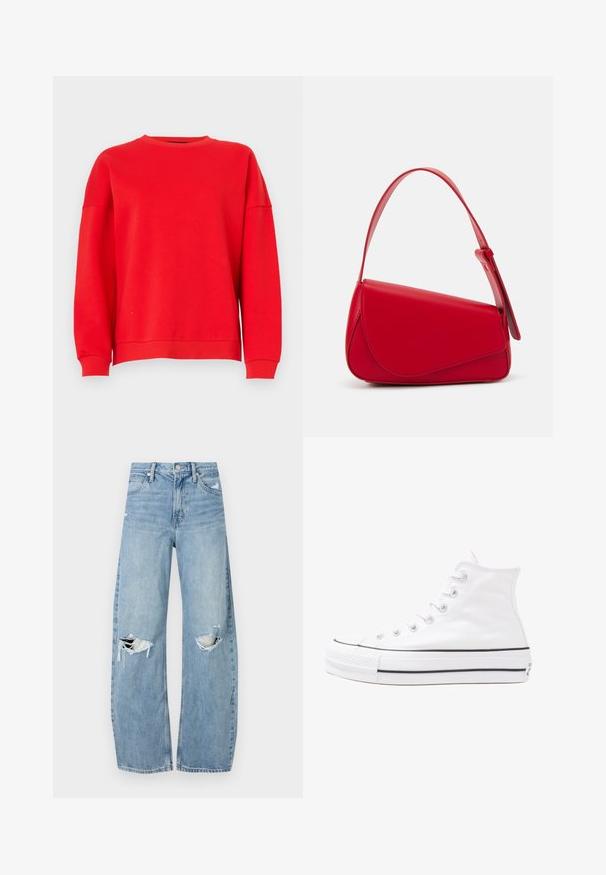 Red sweatshirt made of soft fabric with a round neckline, dropped shoulders, and ribbed cuffs. Plain design, no patterns or graphics.; Light blue, high-waisted jeans made of denim. Feature wide legs, two torn knee areas, and classic five-pocket styling.; White high-top canvas sneaker with black rubber sole, front rubber toe cap, and six eyelets for laces, featuring a clean, minimalist design.; Red leather handbag with an angular, geometric design. Features a single adjustable strap and a flap closure with stitched detailing.