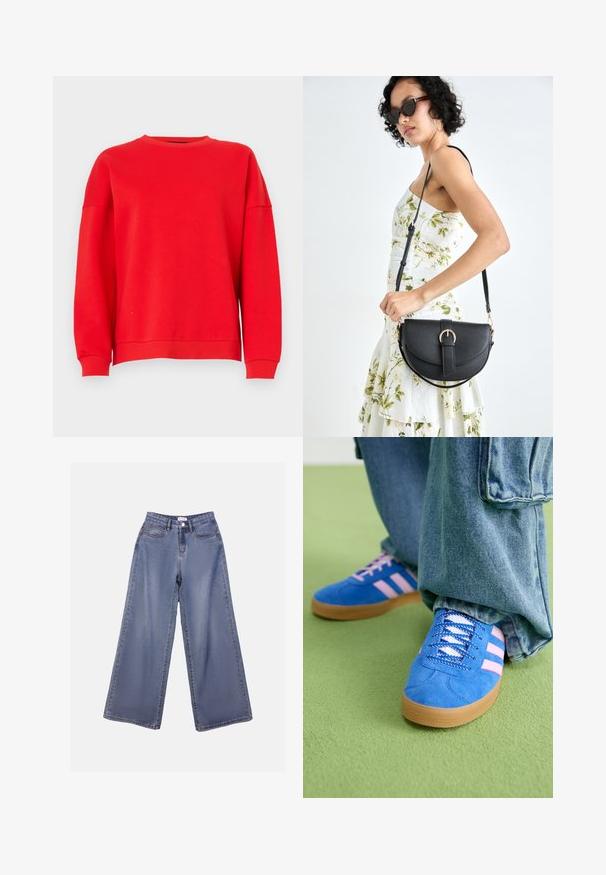 Hanorac roșu din material moale, cu guler rotund, umeri lăsați și manșete funcționale. Design simplu, fără modele sau grafice.; Jeans din denim cu picioare largi într-o nuanță de albastru deschis, având talie înaltă, buzunare frontale și închidere cu nasture și bucle pentru curea.; Pantofi din piele întoarsă albaștri cu dungi roz și șireturi albe, având o talpă din cauciuc gumat, asortați cu pantaloni din denim largi pe o suprafață verde.; Geantă din piele neagră, cu o formă curbată, curea detașabilă și accesorii aurii. Geanta are un capac cu un detaliu tip cataramă.