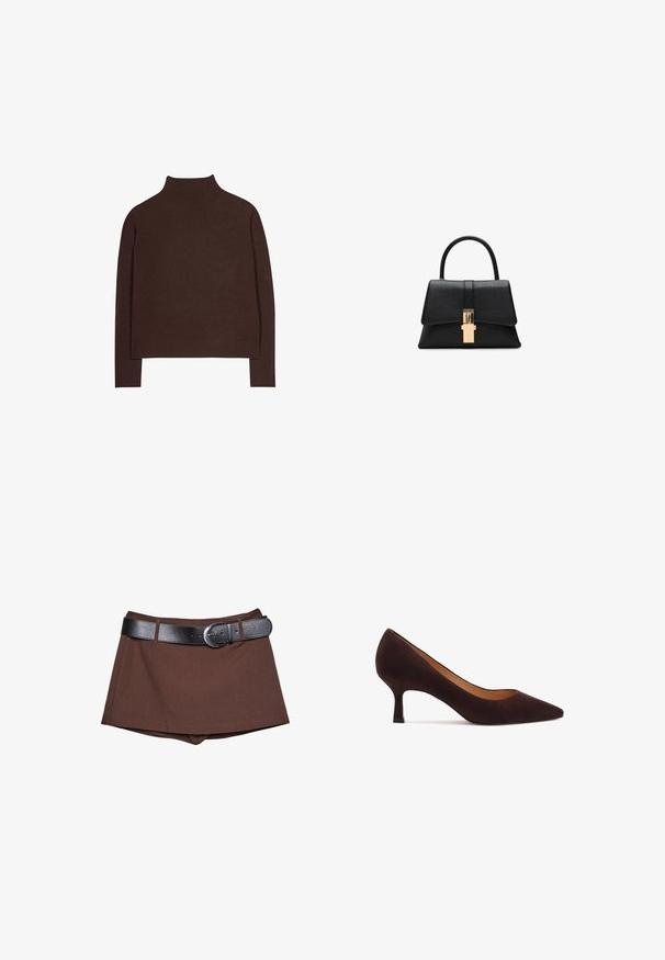 Dark brown long-sleeve knit sweater with a high neck and ribbed hem, laid flat on a white background.; Brown shorts with a structured silhouette, featuring a black leather belt and silver buckle, made from textured fabric.; Brown suede pump with a pointed toe and a mid-height stiletto heel. Smooth texture, minimal design, and a slight cutout on the sides.; Black structured handbag with a smooth texture, a single top handle, and a gold-tone clasp detail at the front. Minimalist design.