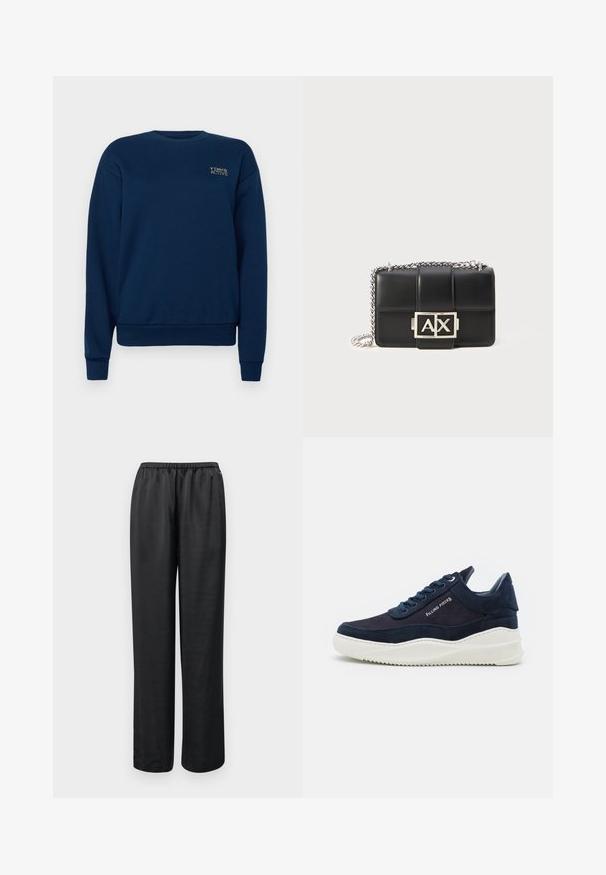 Tumesinine sweatshirt, mis on valmistatud puuvillase segu materjalist. Omab ümmargust kaelanäitjat, pikki varrukaid, ribatud mansette ja väikest broderitud logo rinnal.; Mustad, vabalt istuvad püksid elastse vöökohtaga. Valmistatud siledast kangast, sirge säärega ning ilma nähtavate taskute või kaunistusteta.; Tumedat meriinokeed, millel on valged kummist tallad, ümar varvas ja samuti seotud disain. Tootel on külgedel logo detail ja tekstuuriga aktsendid.; Must mustra rahakott, millel on tikandiga disain, hõbedane kett ja esipaneelil silmatorkav hõbedane "AX" logo. Kompaktne ristkülikukujuline vorm.
