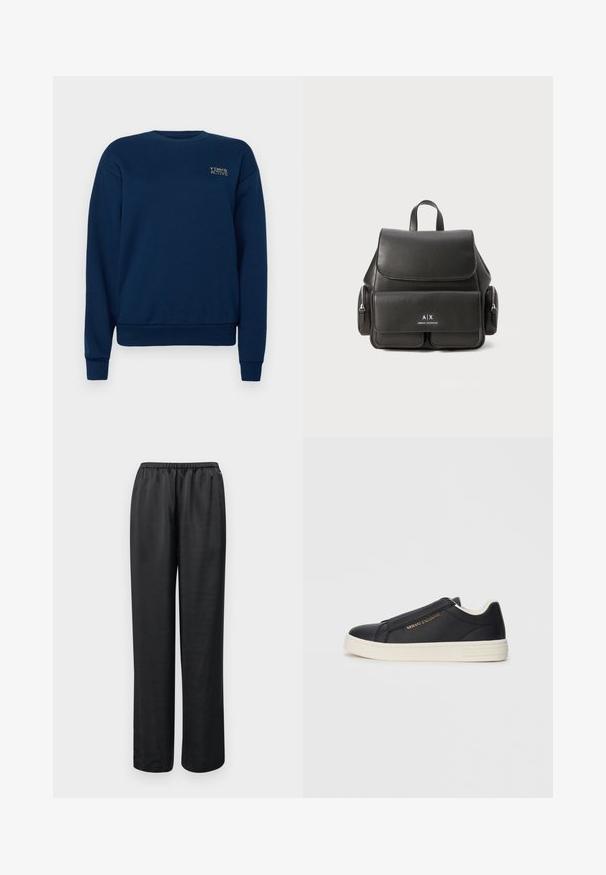 Mørkeblå hettegenser laget av bomullsblanding. Har rund hals, lange ermer, ribbestrikkede mansjetter og en liten brodert logo på brystet.; Svarte, vide bukser med elastisk midje. Laget av et glatt stoff, med rette ben og uten synlige lommer eller pynt.; Sorte lær slip-on sneakers med hvit såle, gull "Armani Exchange"-logo på siden, og minimalistisk sømdetalj.; Svart skinnryggsekk med klafflukkning, frontlomme, sidelommer med glidelås og et håndtak på toppen. Har logo-detaljer på forsiden.