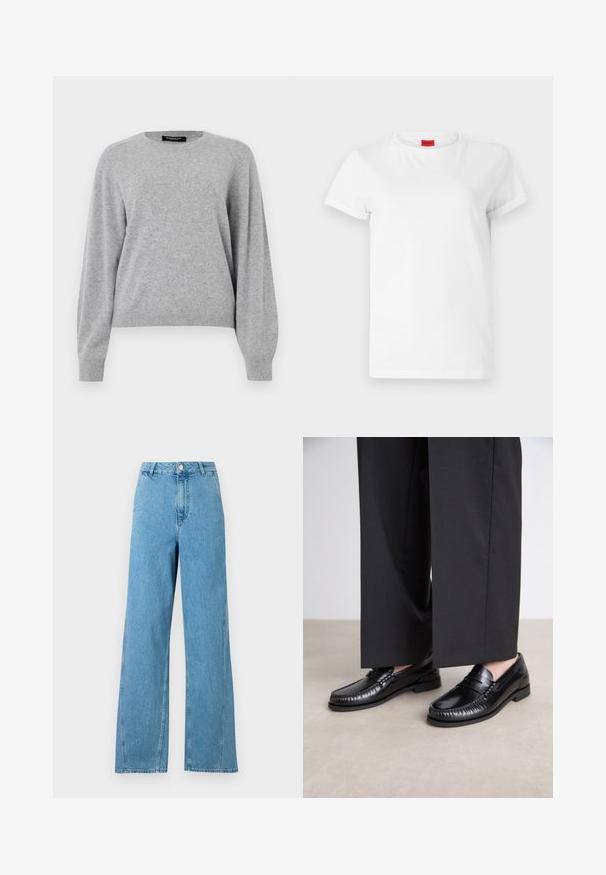 Light gray pullover sweater made of soft material. Features a round neckline, long sleeves, and a relaxed fit with ribbed cuffs and hem.; White short-sleeve t-shirt made of lightweight cotton. Features a round neckline and rolled sleeves. Red logo tag on the collar.; Light blue wide-leg jeans featuring a high waist, five-pocket design, and metal button closure. Constructed from denim fabric with a smooth texture.; Black leather loafers with a smooth finish, stitched detailing around the toe, and a low rubber sole. Paired with wide black trousers.