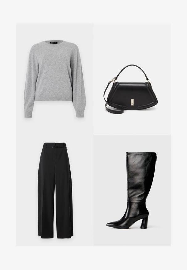 Heled hall pullover-sviiter, mis on valmistatud pehmest materjalist. Omab ümarat kaelust, pikkade varrukate ja mugavat lõiget, millel on soonikuga mansetid ja alumine äär.; Mustad laiad püksid kõrge vöökoht ja vööga. Omavad siledat tekstuuri ja puhtaid jooni, disainitud lõdva istumise jaoks.; Knee-high musta nahksaabas terava nina, siledat pinnad ja paks konts. Tagaküljel on tõmblukk.; Must mustrist käekott, millel on struktureeritud disain, lühendatud kuju, ülemine käepide ja kuldne metallist detail. Reguleeritav õlalihm on kaasas.