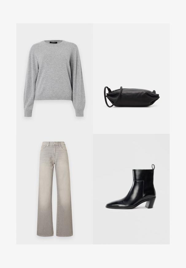 Light gray pullover sweater made of soft material. Features a round neckline, long sleeves, and a relaxed fit with ribbed cuffs and hem.; Gray wide-leg jeans with a faded finish, button closure, five-pocket design, and stitched detailing along the seams.; Black leather ankle boot with a pointed toe, a geometric stacked heel, and a pull tab at the back. Smooth texture and sleek design.; Black leather clutch bag with a rectangular shape, smooth texture, thin shoulder strap, and minimalistic design.