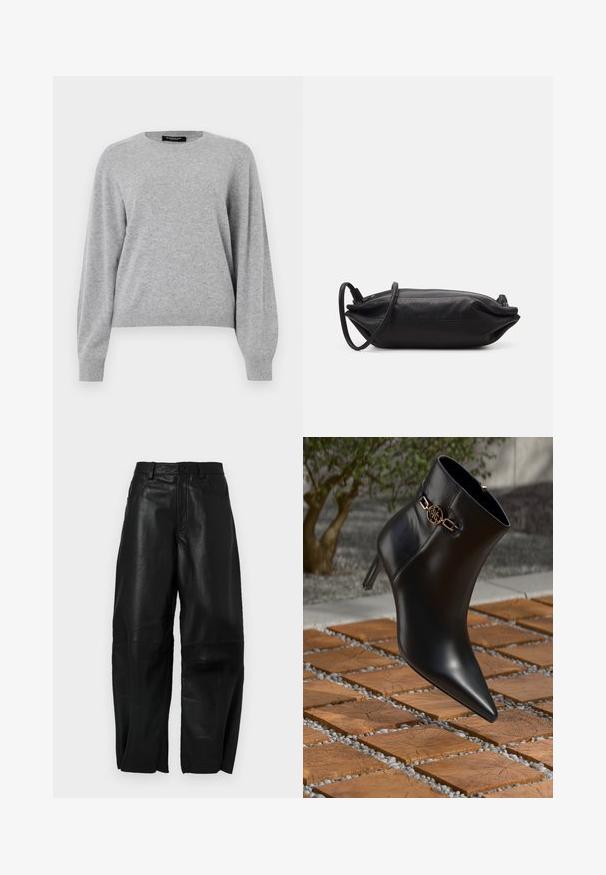 Light gray pullover sweater made of soft material. Features a round neckline, long sleeves, and a relaxed fit with ribbed cuffs and hem.; Black leather pants with a loose fit, featuring a straight leg design, front pockets, and visible stitching details.; Black leather ankle boot with pointed toe and small heel. Features a gold chain accent on the ankle. Surrounded by a textured stone surface.; Black leather clutch bag with a rectangular shape, smooth texture, thin shoulder strap, and minimalistic design.