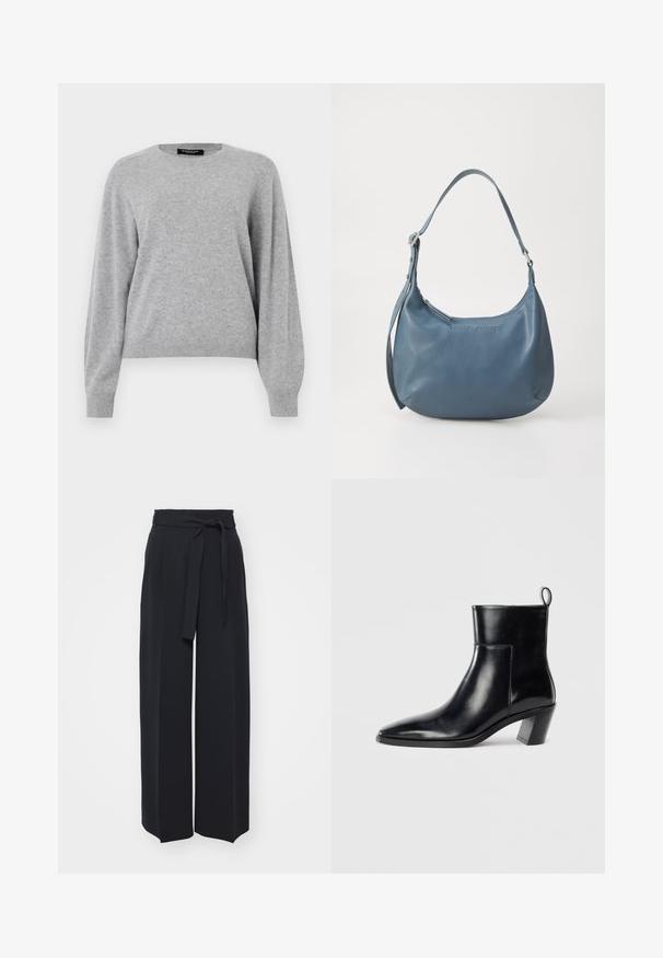 Hellgrauer Pullover aus weichem Material. Mit Rundhalsausschnitt, langen Ärmeln und lockerer Passform mit gerippten Bündchen und Saum.; Schwarze weite Hosen aus weichem Stoff. Mit einem Gürteltäfelchen und vorderen Falten. Glatte Textur mit einem klaren, modernen Design.; Schwarze Leder-Ankleboots mit spitzem Zeh, geometrischem Blockabsatz und einem Zugband hinten. Glatte Textur und elegantes Design.; Blaue Lederhandtasche mit runder Form, einem Schulterriemen, Reißverschluss und eingeprägtem Markennamen auf der Vorderseite. Glatte Textur.
