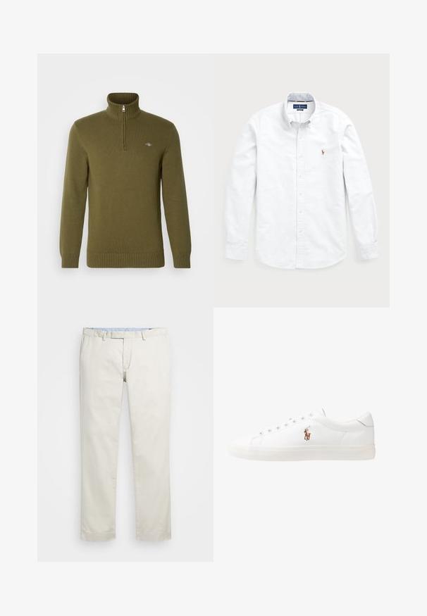 GANT CASUAL HALF ZIP - Pullover - juniper green; Chemise blanche à manches longues, boutonnée, en coton. Elle se distingue par un col évasé, une fermeture à boutons et un petit logo brodé sur la poitrine.; Chino en coton beige avec une taille plate, des passants de ceinture et des poches latérales. Coupe droite avec une texture lisse et une sensation légère et respirante.; Baskets en cuir blanc, design bas, avec une texture lisse, bout rond, lacets à l'avant et un petit logo brodé sur le côté.