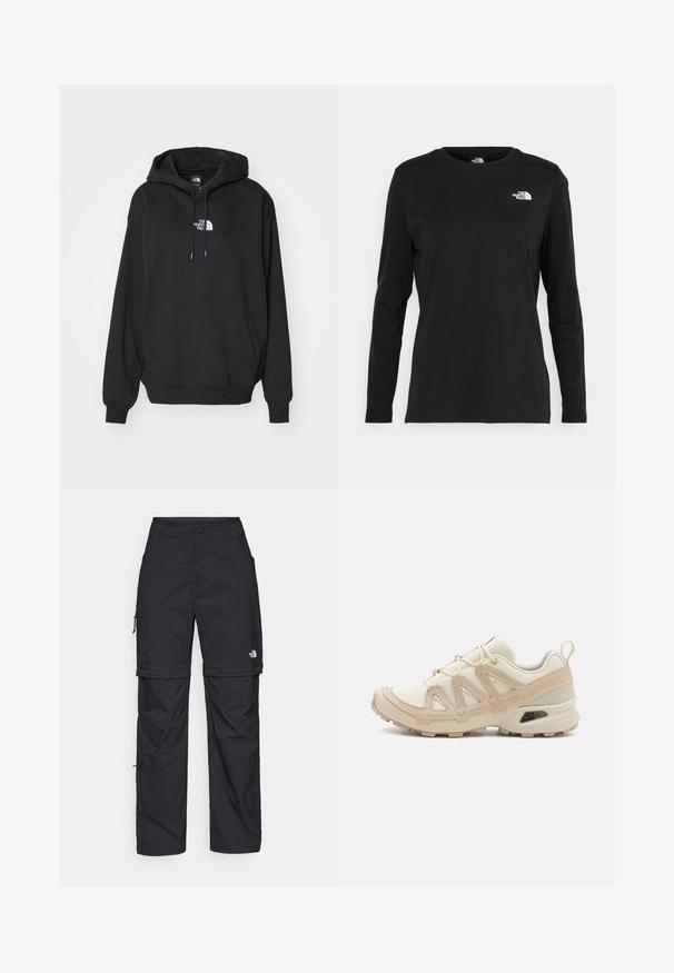 Sweatshirt preto com capuz e bolso tipo canguru, apresentando um logótipo branco no peito, feito de tecido macio, ideal para uso casual.; T-shirt preto de mangas longas, feito de algodão, com decote redondo. Apresenta um pequeno logótipo branco na área esquerda do peito. Design simples e ajuste confortável.; Calças cargo pretas em nylon com fechos de correr removíveis, punhos ajustáveis, múltiplos bolsos e um logótipo na perna direita. Textura suave e leve.; Sapatilha atlética beige e creme com parte superior em malha texturizada, sobreposições de suporte e sola de borracha com um padrão de cravo para tração.