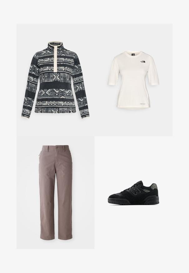 Fleece-Pullover mit hohem Kragen, ausgestattet mit einer cremefarbenen Knopfleiste und schwarz-weißen abstrakten geometrischen Mustern.; The North Face SHADOW SHORT SLEEVE - Sport T-Shirt - white dune; Braune Baumwoll-Twill-Hosen mit geradem Bein, ausgestattet mit einem Frontknopfverschluss und Seitentaschen, glatter Textur und klaren Linien.; Schwarze Low-Top-Sneaker mit strukturiertem Sohlen, Schnürdesign, Wildlederpaneelen und gemusterten Akzenten an der Ferse sowie am Seitenlogo.